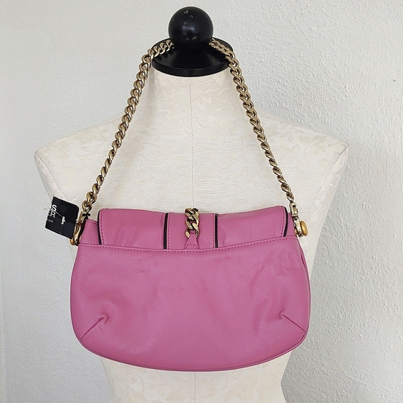 Wilsons Leather Pink Leather Bag Shoulder or Clutch Gold Chain Rhinestone Crown - Picture 3 of 12